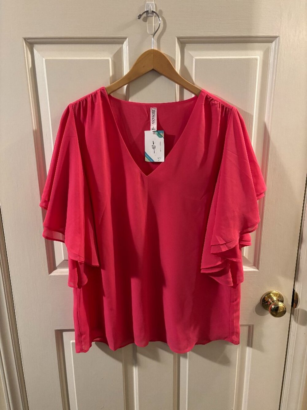 Zenana Women's Pink Woven Chiffon Double-Layer Flutter Sleeve Blouse - Lg - NWT